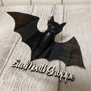 Handmade Halloween Recycled Upcycled Bat Wood Finial Metal Hanging Decor
